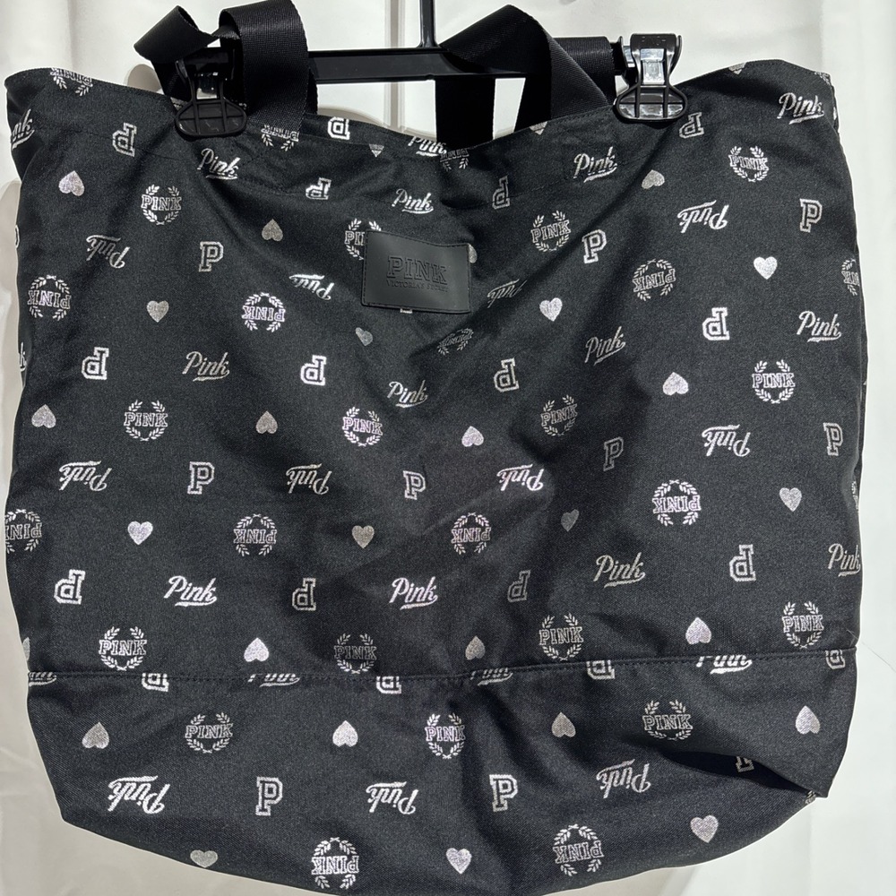 Victoria's Secret PINK Tote Bag Women OS Black Silver Glitter Logo Heart Zip